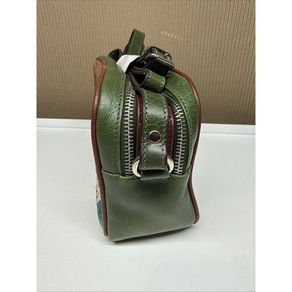 SVK Western Crossbody Embossed Leather Brown Green Blue Feather Accent - Picture 4 of 8